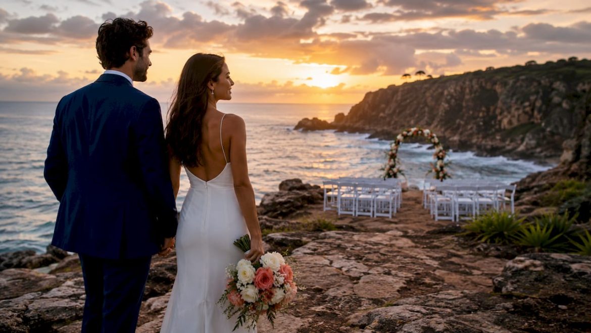 Couple on beach at sunset for destination wedding