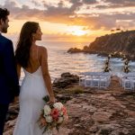 Couple on beach at sunset for destination wedding