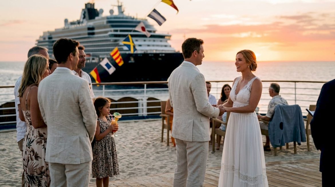 Couple having wedding ceremony on cruise ship deck
