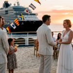 Couple having wedding ceremony on cruise ship deck