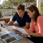 Parents reviewing family travel safety materials