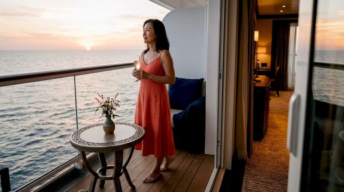 Woman enjoying VIP cruise balcony at sunset