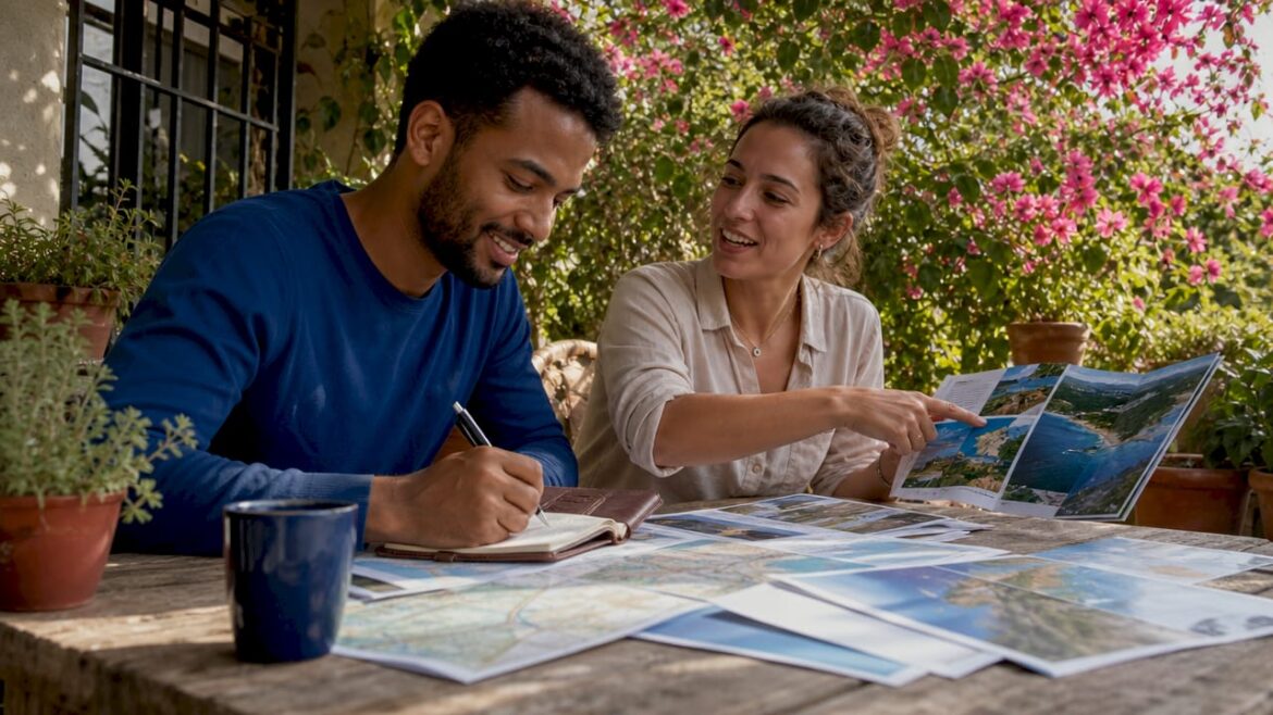 Couple planning honeymoon at kitchen table