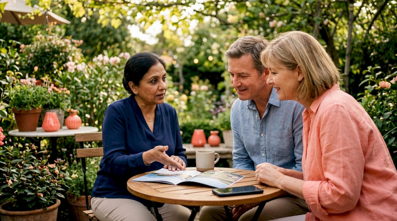 Couple consulting travel advisor about honeymoon