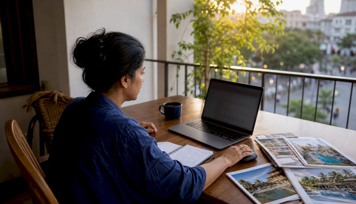 Mother booking family-friendly hotel online