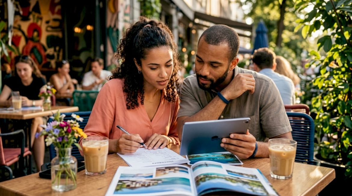 Couple reviewing luxury honeymoon plans at home desk