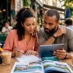 Couple reviewing luxury honeymoon plans at home desk