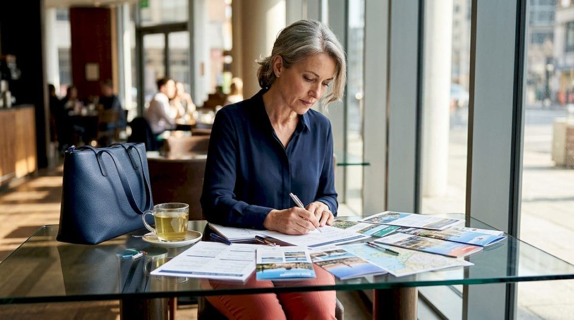 Woman organizing travel itinerary papers at kitchen table