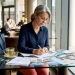 Woman organizing travel itinerary papers at kitchen table