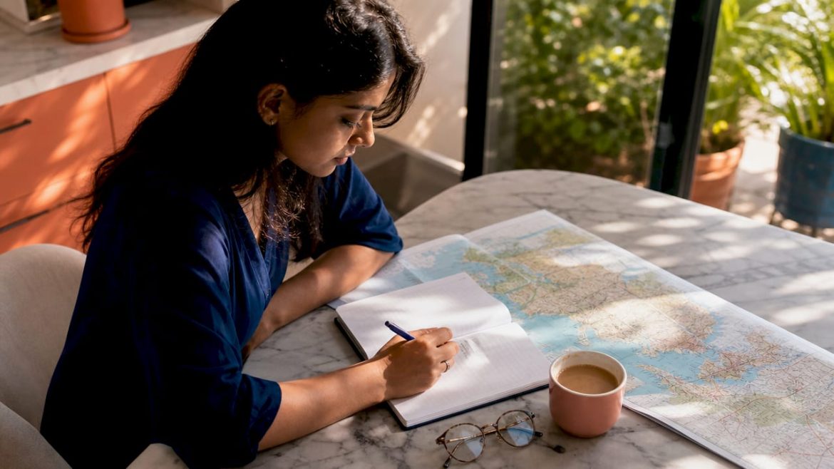 Woman planning personalized trip at home desk