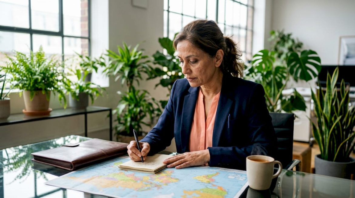 Travel agent reviewing luxury itinerary and map