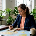 Travel agent reviewing luxury itinerary and map