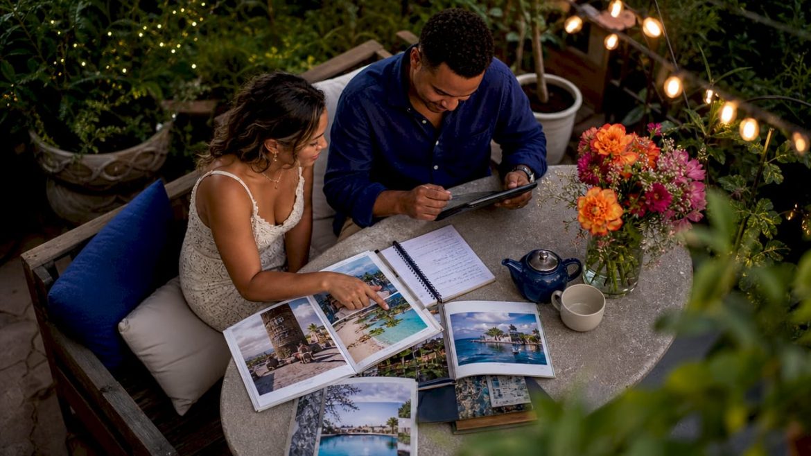 Couple planning destination wedding at home