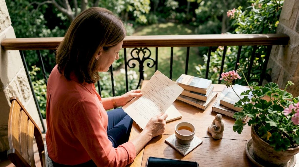 Woman planning milestone trip at glass desk