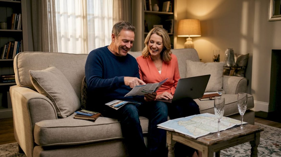 Couple planning milestone celebration trip at home table