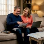 Couple planning milestone celebration trip at home table