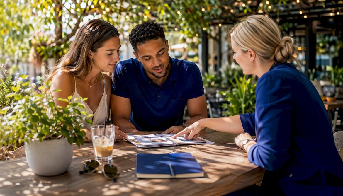 Couple consulting with honeymoon travel expert