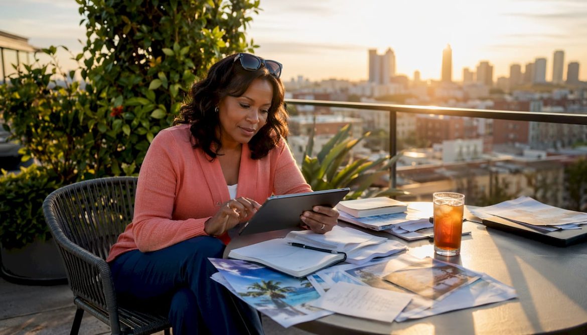 Woman planning milestone trip on tablet