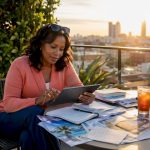 Woman planning milestone trip on tablet