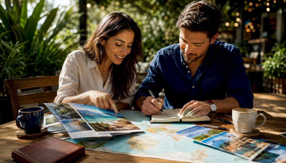 Couple planning honeymoon trip at home