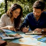 Couple planning honeymoon trip at home
