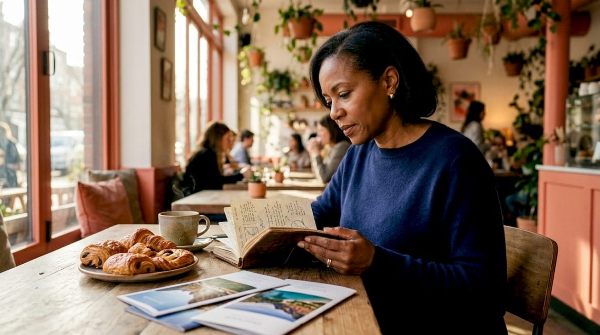 Woman planning luxury travel itinerary at home