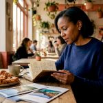 Woman planning luxury travel itinerary at home