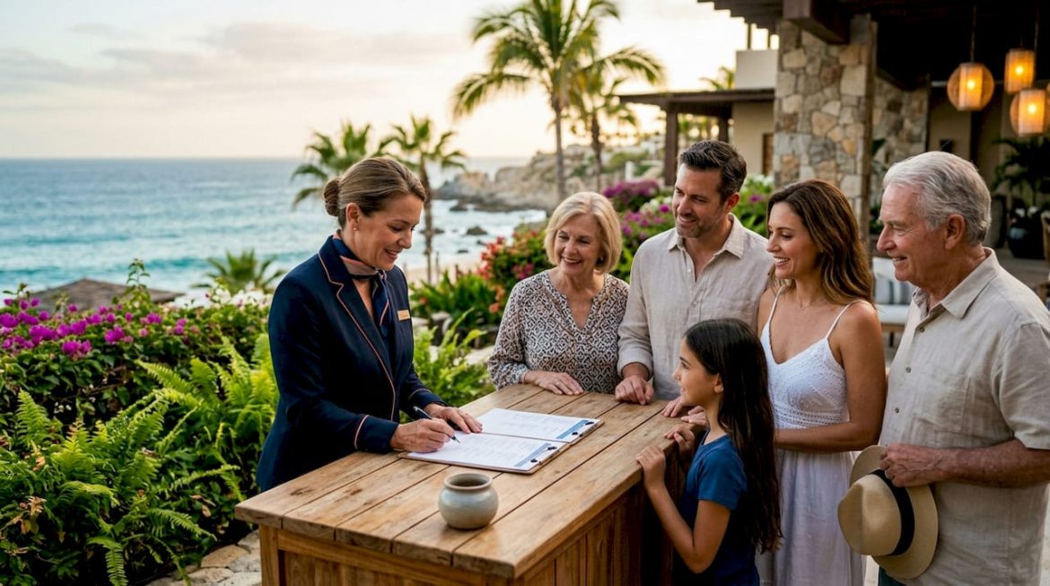 Concierge assisting family with vacation plans