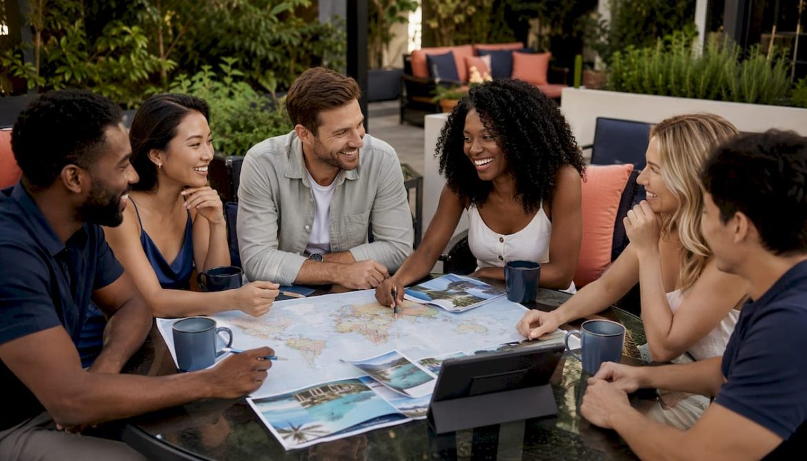 Friends planning group honeymoon around table