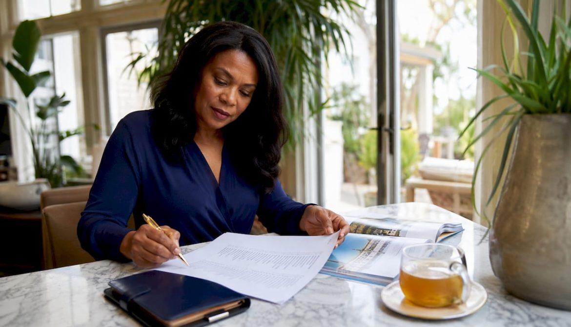 Woman organizing luxury travel checklist indoors