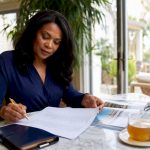 Woman organizing luxury travel checklist indoors