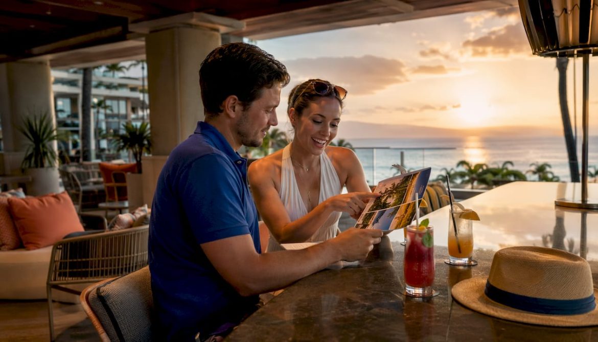 Couple planning honeymoon outdoors in tropical setting