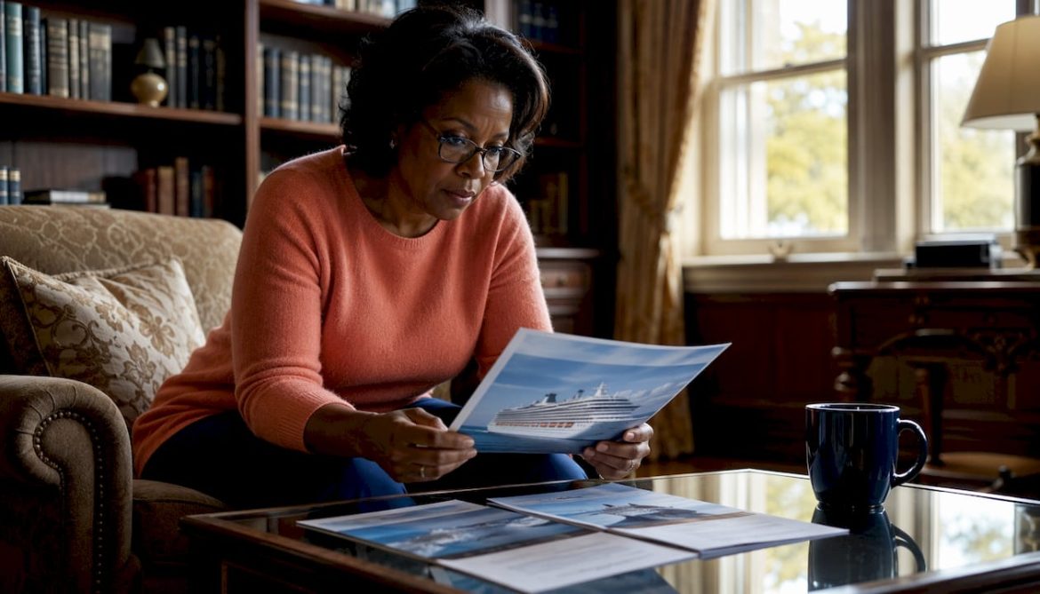 Woman reviewing cruise insurance documents at home