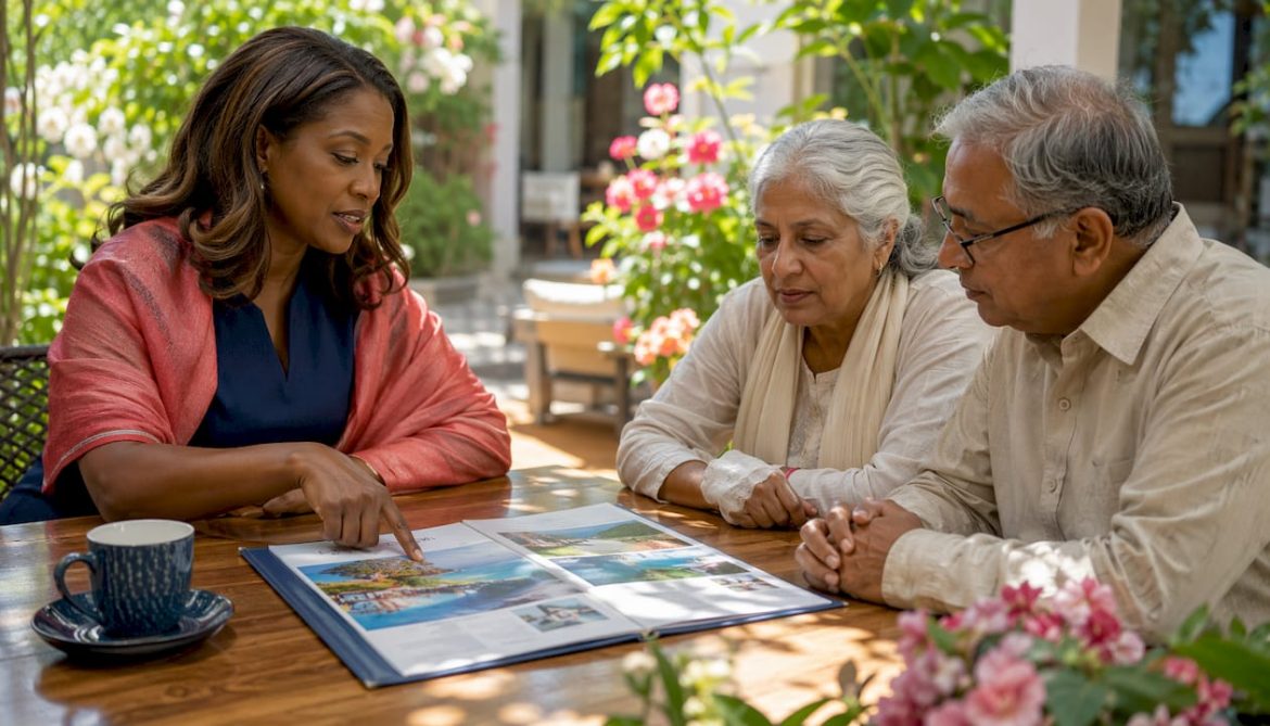 Luxury travel advisor consulting couple on booking