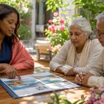 Luxury travel advisor consulting couple on booking