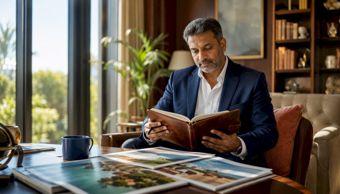 Luxury travel concierge reviewing itinerary in private jet
