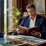 Luxury travel concierge reviewing itinerary in private jet