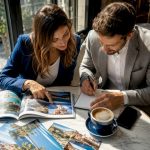 Couple planning honeymoon with brochure and planner