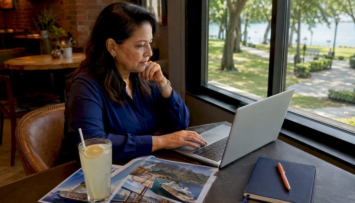 Woman booking cruise fare on laptop
