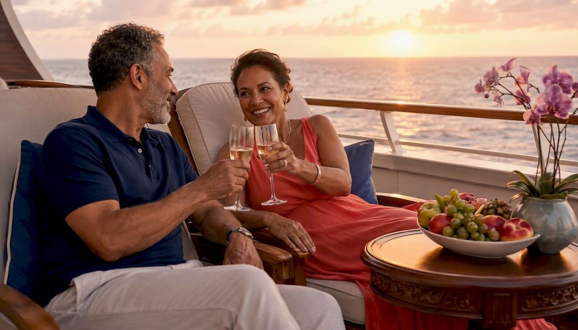Couple enjoying romantic luxury cruise deck at sunset
