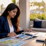 Professional woman planning luxury travel itinerary