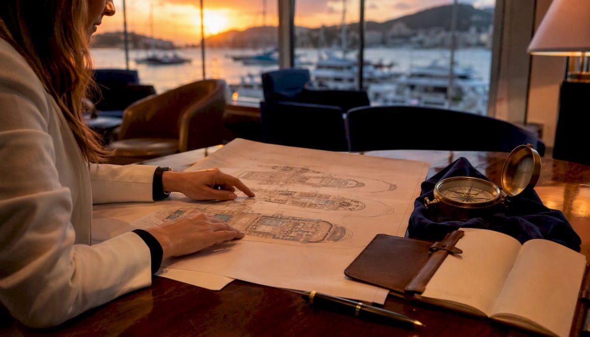 Hands examining cruise ship deck plan