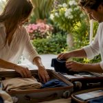 Couple packing luxury luggage for honeymoon