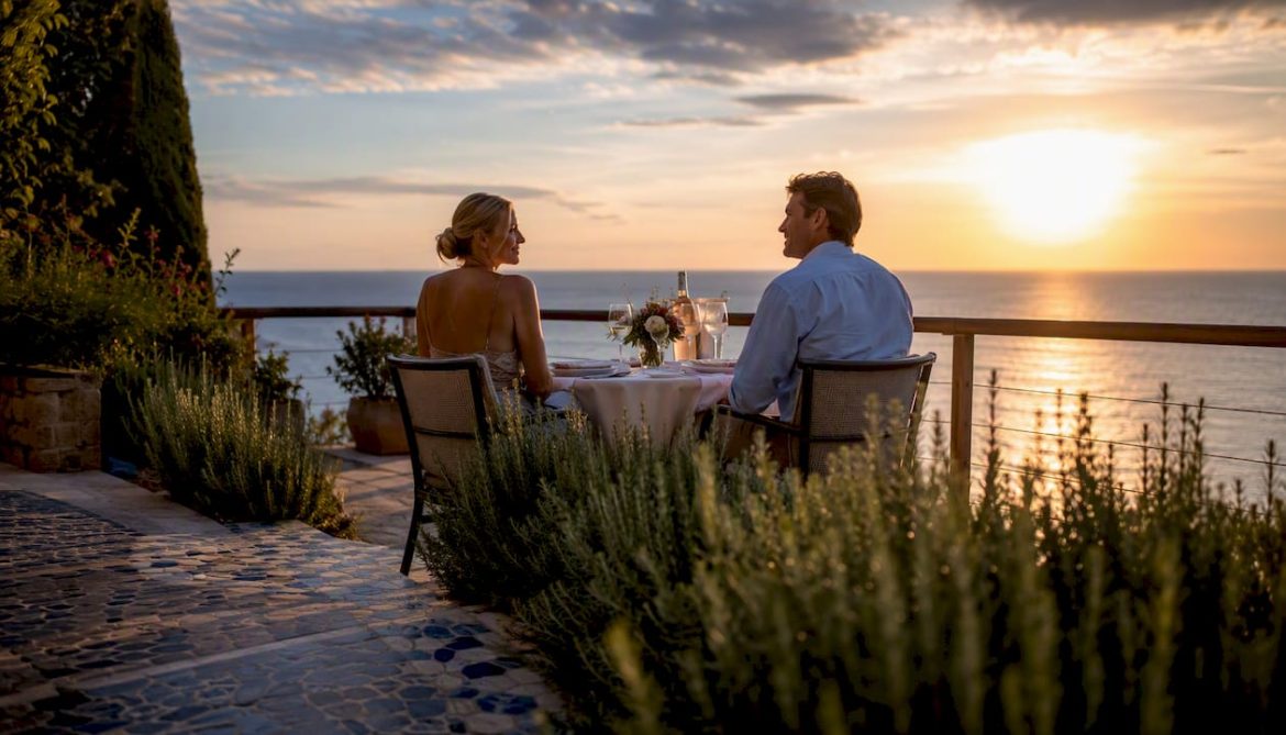 Luxury terrace table set for romantic anniversary meal with ocean view