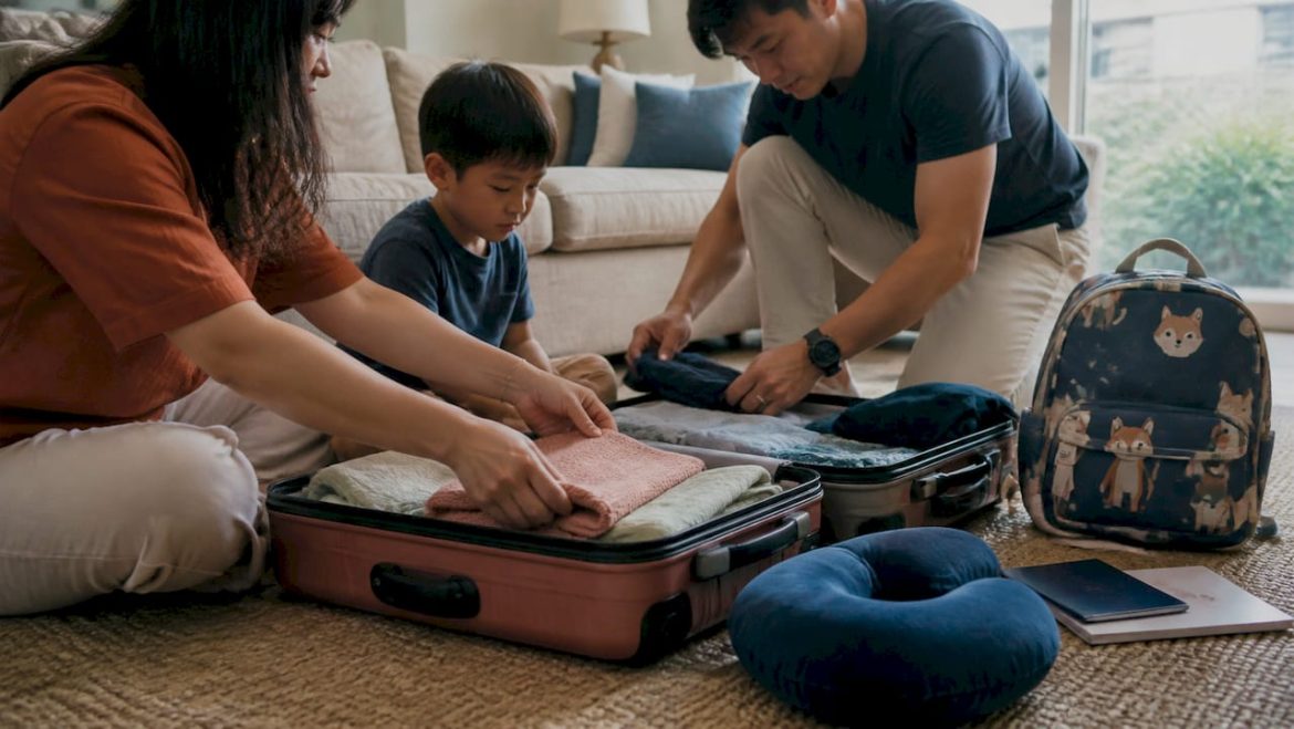 Family packing luggage for travel