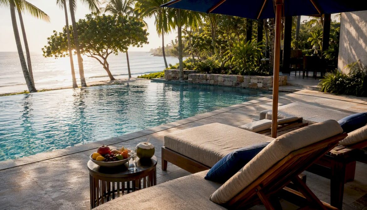 Luxury overwater bungalow deck with ocean view