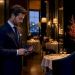 Paris restaurant host checking reservations