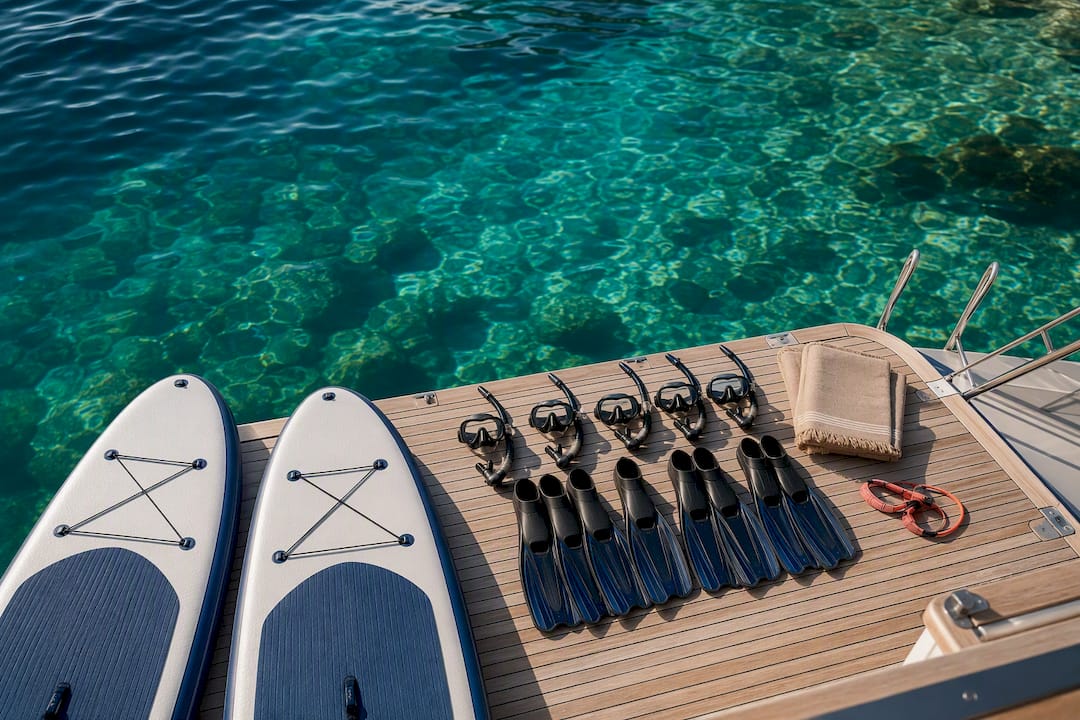 Paddleboards and snorkel gear on yacht platform