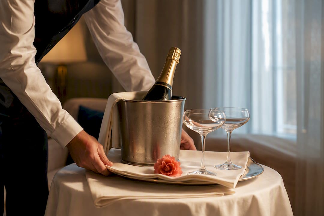 Champagne amenity arranged in boutique hotel