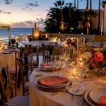 Elegant Mexico resort wedding reception at twilight
